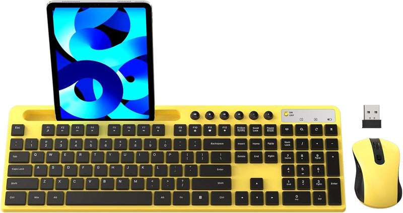 MARVO Wireless Keyboard and Mouse Combo, 2.4G Ergonomic Wireless Computer Keyboard with Phone Tablet Holder, Silent Mouse with 6 Button, Compatible with MacBook, Windows (Yellow) - Image 1